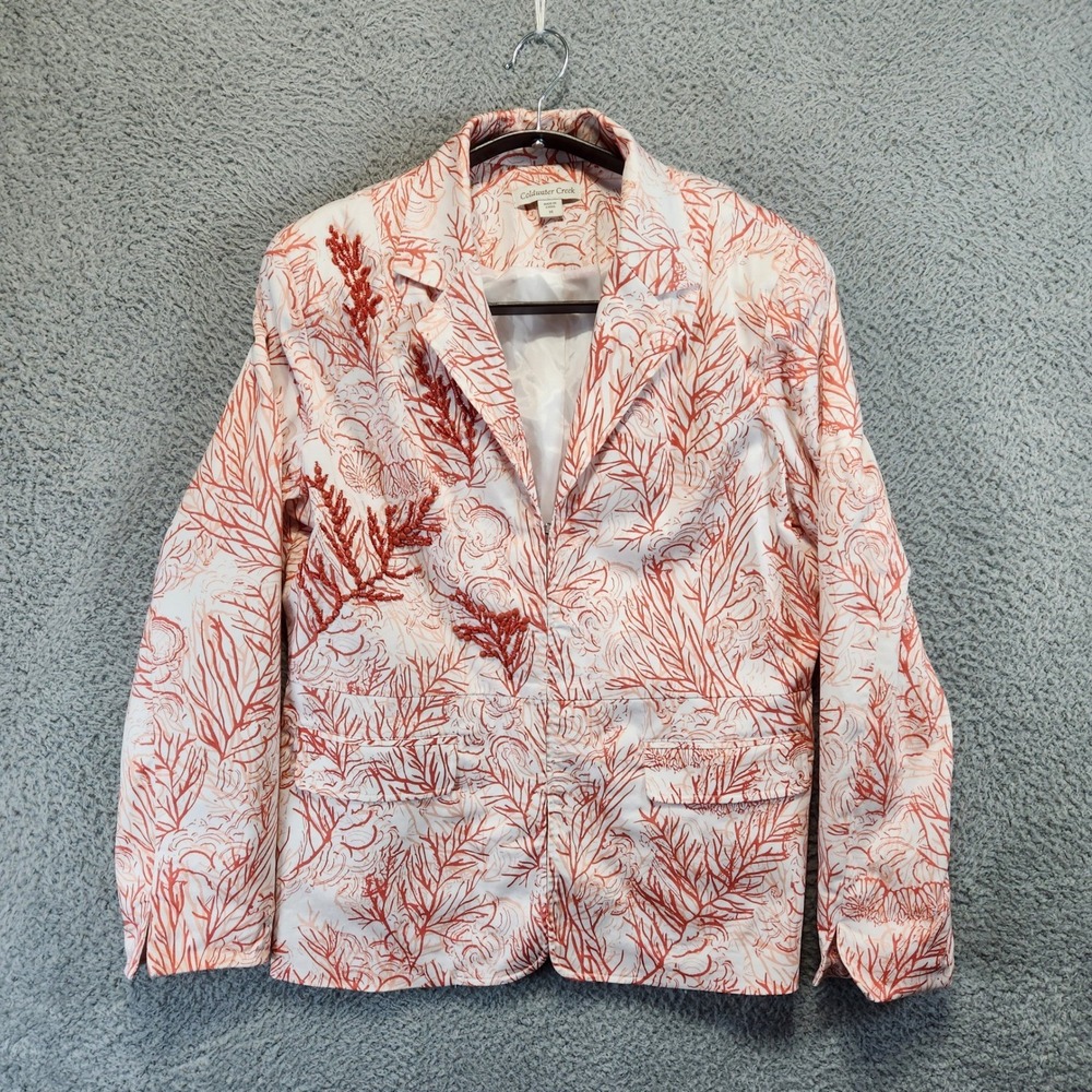 Coldwater Creek Coral Print Embroidered Long Sleeve Blazer Jacket Womens 14 Boho